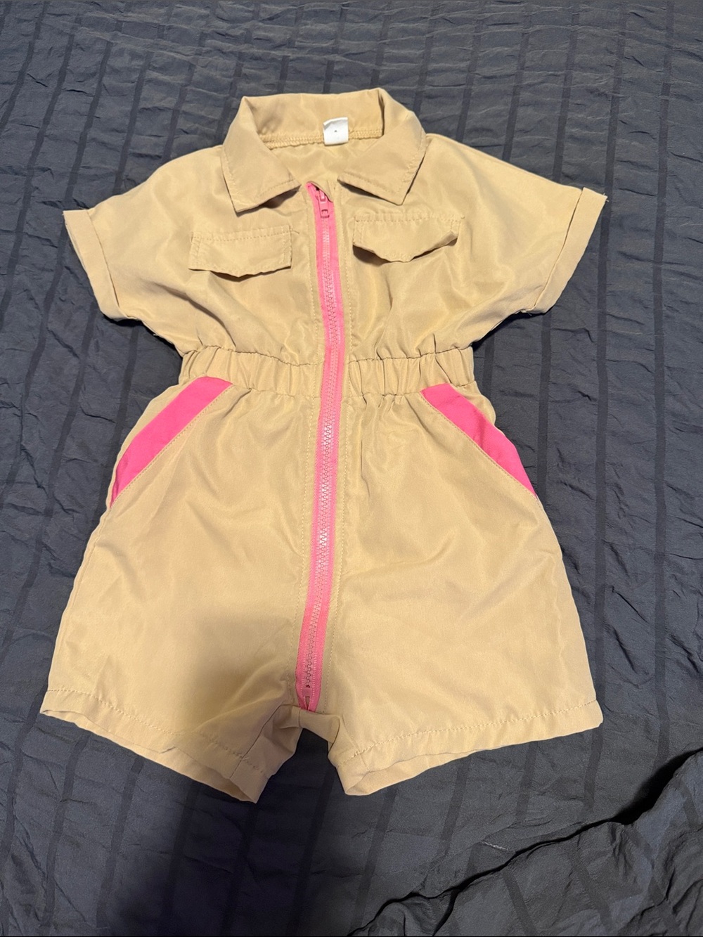 Girls Beige Romper with Pink Trim Zipper